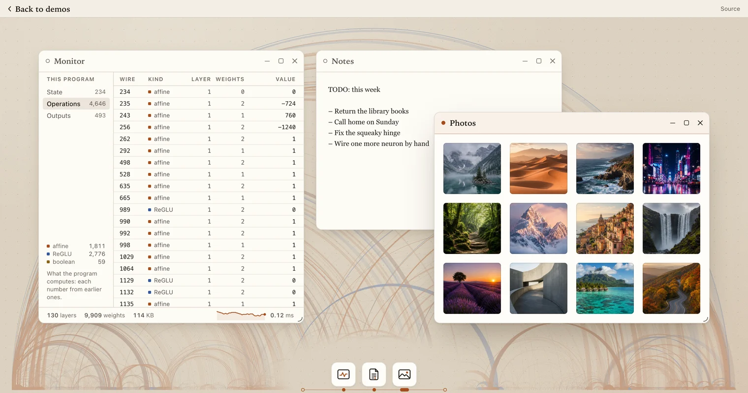 A screenshot of HandwiredOS: three windows on a desk, with a grid of photos in front.